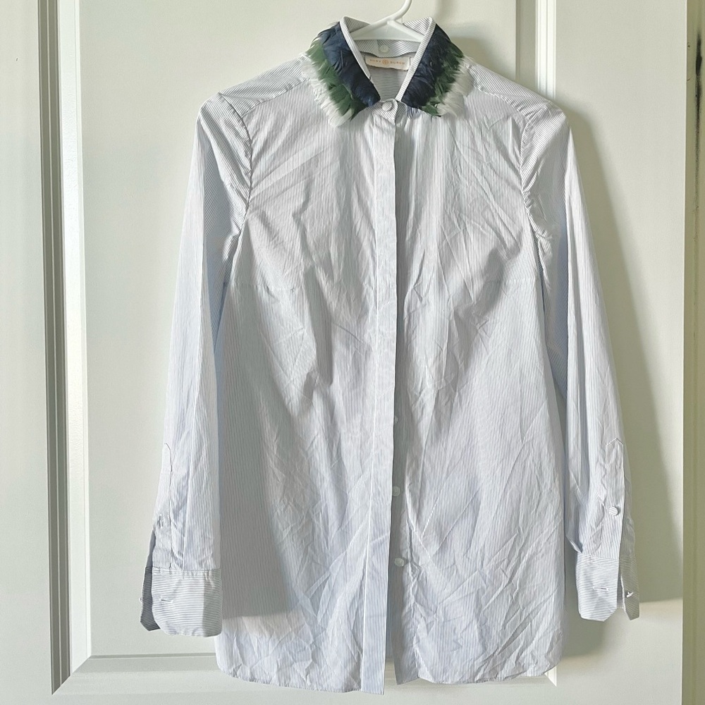 Tory Burch feather embellished collar stripe poplin shirt 0 - Picture 2 of 5